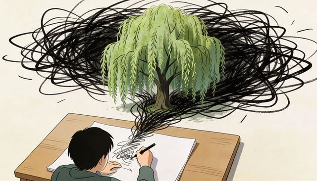 Child drawing scribbles transforming into willow tree evoking imagination and creativity
