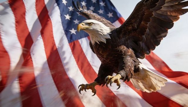 Soaring bald eagle extending wings and talons in front of sunlit waving american flag