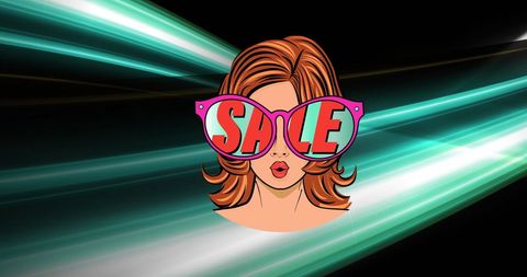 Pop art style woman with 'sale' sunglasses on futuristic background