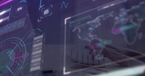 Typing Hands Controlling Keyboard with Holographic Data Dashboards and World Map Analytics