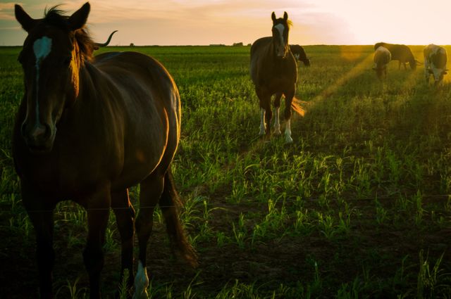 Horses grazing peacefully in a green field during sunset, with warm evening light creating a serene atmosphere. Ideal for use in nature and countryside-themed promotions, agricultural advertisements, or relaxation and wellness visuals.
