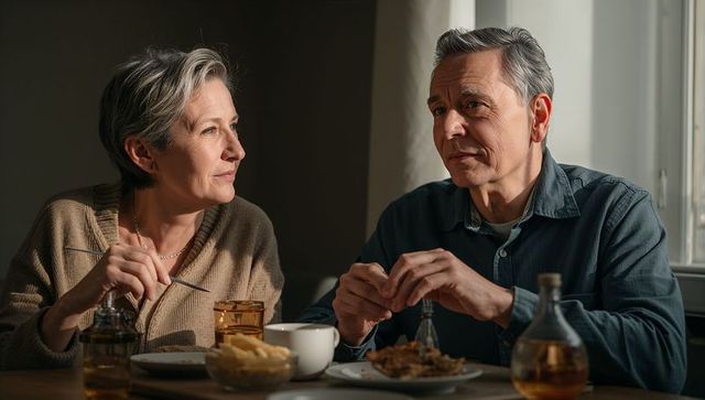 Senior couple sharing warm meal and quiet conversation at cozy sunlit kitchen table