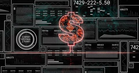 Neon Dollar Symbol Dominating Financial HUD with Data Panels, Charts and Analytics