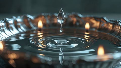 Floating water droplet over ornate bowl with candlelight reflection, forgiveness concept