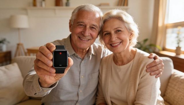 Senior couple showing smartwatch medical alert for aging-in-place safety, health monitoring, sos