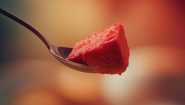 Red Fruit Cube on Spoon with Blurred Gradient Background
