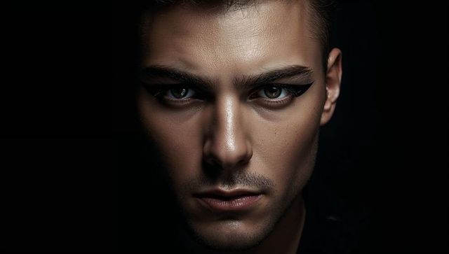 Intense male close-up featuring black winged eyeliner and low-key dramatic lighting