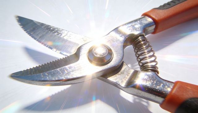 Pruning shears closeup catching sun flare on serrated blades and orange grips
