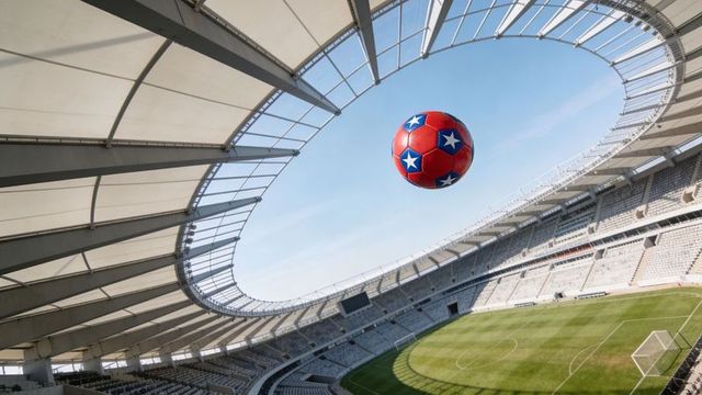 Floating red soccer ball with blue star panels over modern oval stadium and sunlit pitch