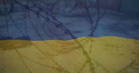 Ukrainian flag overlay on barbed wire symbolizing crisis