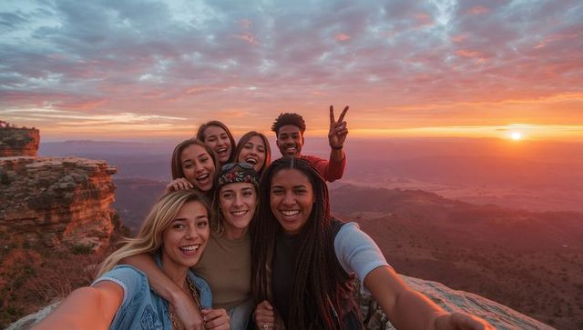 Sunset cliff selfie with friends celebrating adventure and laughter on mountain overlook