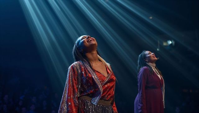 Dramatic singers in sequined red costumes lifting faces to spotlight with headset mics