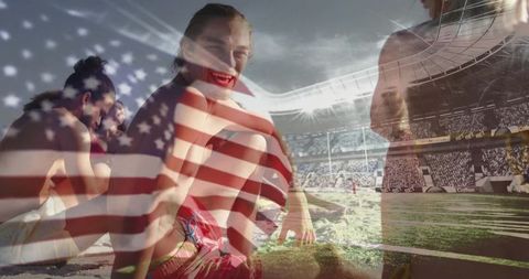 Joyful friends gather on stadium beach under tinted lights