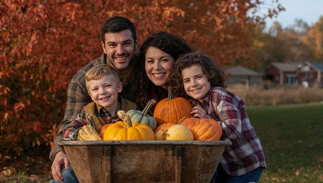 Family Harvest Portrait: Parents and Children Posing with Pumpkins and Gourds in Autumn