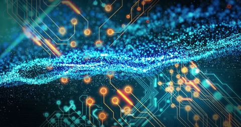 Futuristic Blue Particle Wave with Glowing Circuit Elements