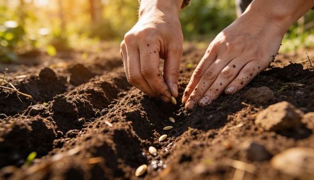 Close-up Hands Planting Small Oval Seeds in Rich Soil at Golden Hour for Sustainable Garden