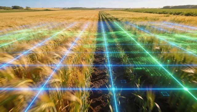 Precision agriculture scanning golden wheat field with blue-green digital grid mapping