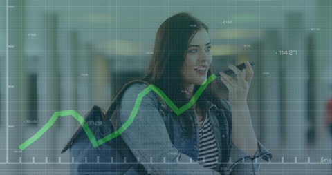 Woman Using Smartphone with Animated Data Interface