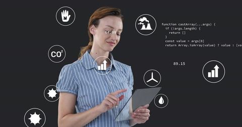 Tapping woman in striped shirt using tablet with AR data icons, charts and code overlay