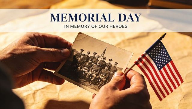 Hands holding vintage military portrait and american flag commemorating memorial day