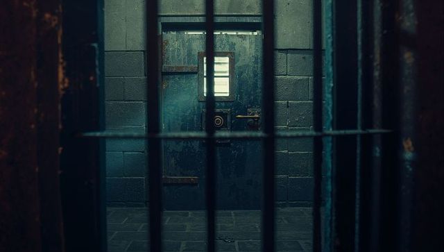 Dimly Lit Prison Cell Corridor, Cold Atmosphere