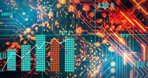 Neon Circuit Analytics: Futuristic Bar Chart and Dual Line Graph on Digital PCB Grid