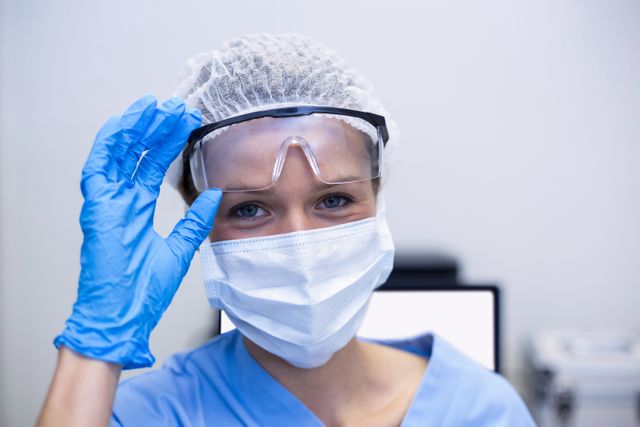 This image depicts a dental assistant in a clinical setting, wearing a surgical mask, safety glasses, and blue scrubs. Ideal for use in healthcare-related content, dental clinic promotions, medical safety guidelines, and educational materials about dental care and hygiene.