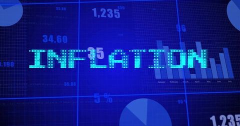 Neon Inflation Headline on Financial Dashboard with Bar and Pie Charts, Numeric Readouts