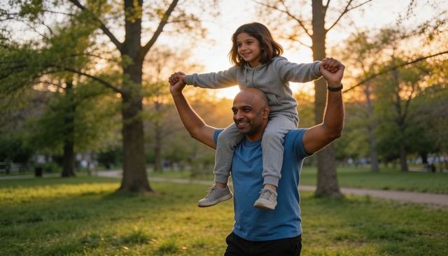 Smiling father carrying child on shoulders walking through park at golden hour