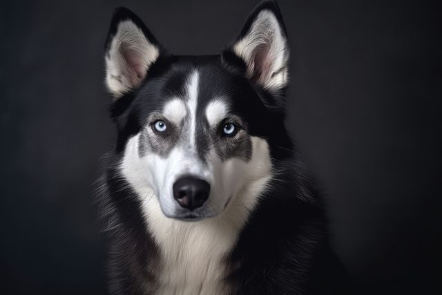 An up-close portrait of a Siberian Husky with striking blue eyes staring directly into the camera, set against a dark background. Ideal for use in pet-related marketing campaigns, veterinary promotional materials, animal care blogs, or any design involving pets and animals.
