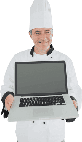 Smiling Chef Holding Laptop on Transparent Background - Download Free Stock Videos Pikwizard.com