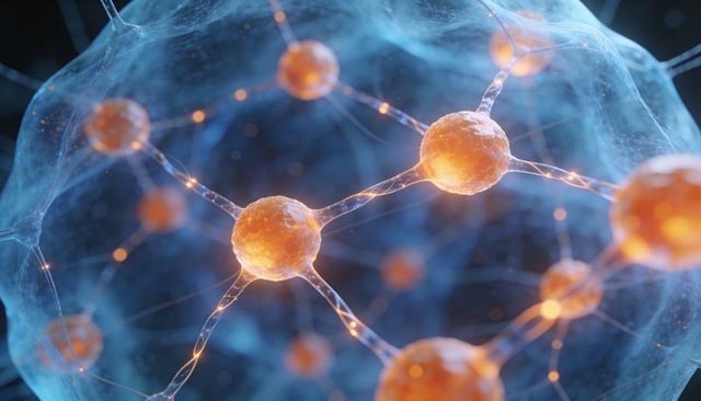 Glowing nanoparticle network connecting orange nodes within blue molecular lattice