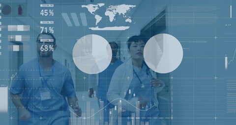 Doctors in Hospital Corridor Within Financial Analytics Overlay