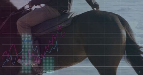 Rider on bay horse trotting through snow with financial chart overlays