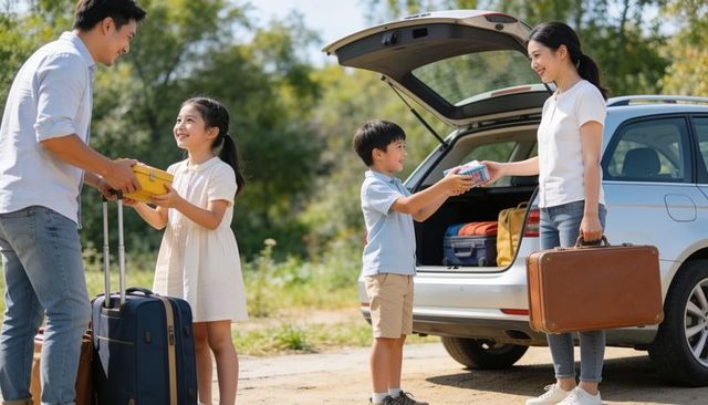 Family packing luggage into car trunk during sunny road trip, parents helping kids