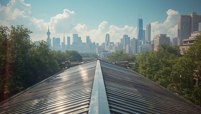 Urban Rooftop Panorama with Trees and Skyscraper Background