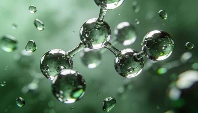 Green glass molecular spheres with floating droplets, nanoscale science and lab concept