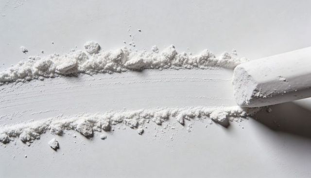 Chalk stick leaving powdery stripe and textured dust trail on smooth white surface