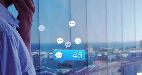 Businessman Making Phone Call with 45 New Messages Overlay over Urban Coastal Skyline