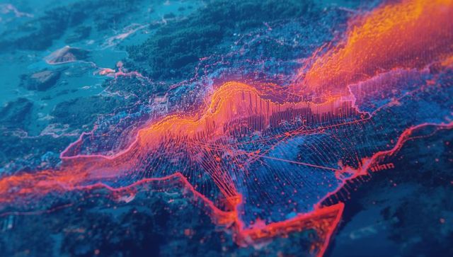 Neon 3d geospatial heatmap showing vertical data spikes, network nodes, digital terrain