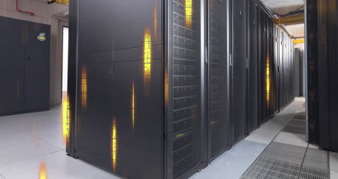 Modern Data Center with Illuminated Server Racks