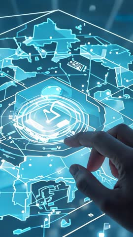 Pressing finger activating hexagonal holographic map interface on tabletop vertical tech video