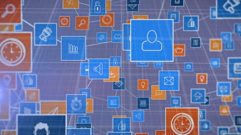 Digital Network with Streaming Technology Icons on Violet Grid