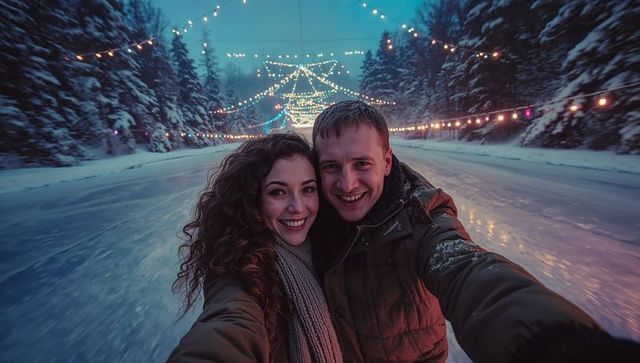 Romantic Winter Evening: Couple in love Selfie on Scenic Lit Ice Rink