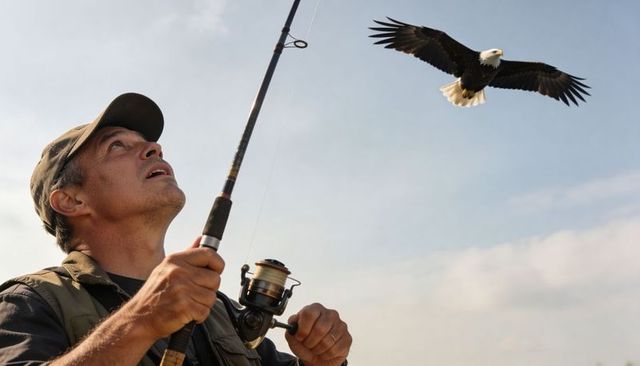 Angler holding spinning rod watching bald eagle soaring over coastal sky morning fishing