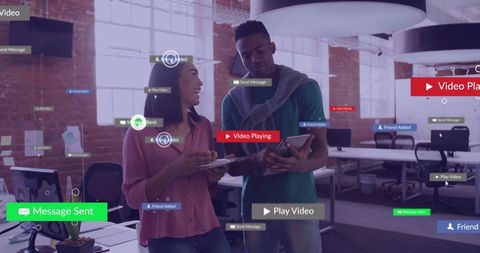 Diverse Colleagues Engaging with Social Media Icon Overlays