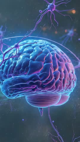 Vertical neon 3D brain rotating, glowing neurons revealing cerebellum in hologram