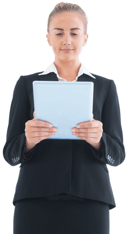 Businesswoman Focused on Tablet with Transparent Background