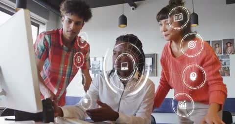 Creative team collaborating on multimedia project with DSLR camera and augmented HUD