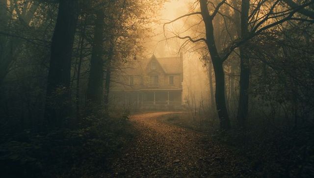 Misty forest cabin on leaf-strewn path in twilight